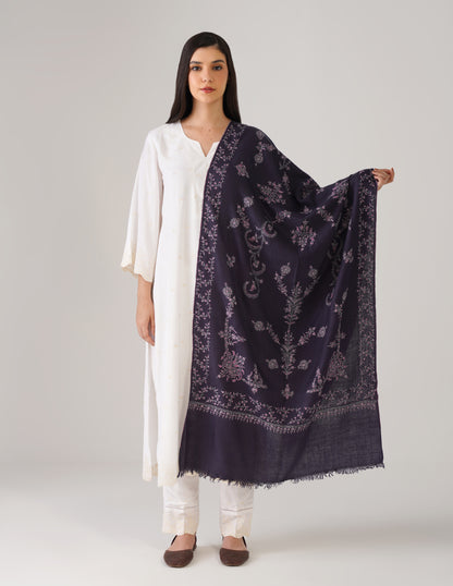 Kashmiri Handwoven Pashmina Sozni Stole Modern Design – Charcoal Grayish Blue | Handwoven Heritage - Kashmir Box