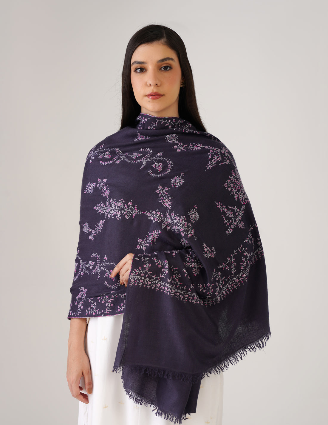 Kashmiri Handwoven Pashmina Sozni Stole Modern Design – Charcoal Grayish Blue | Handwoven Heritage - Kashmir Box