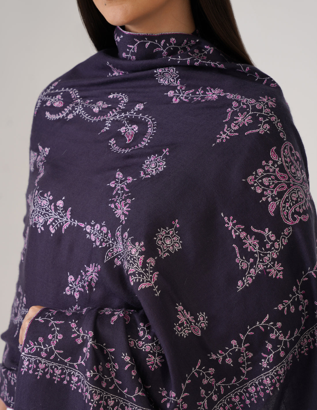 Kashmiri Handwoven Pashmina Sozni Stole Modern Design – Charcoal Grayish Blue | Handwoven Heritage - Kashmir Box