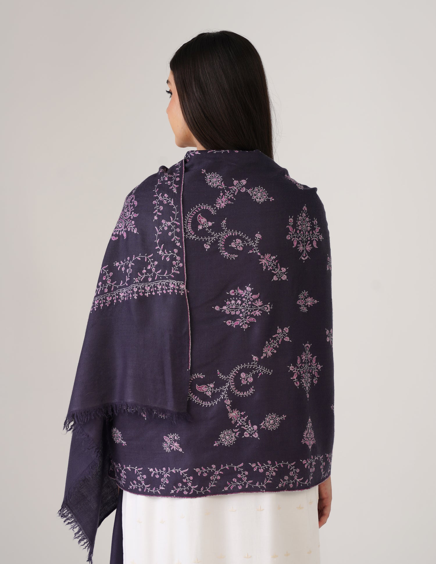 Kashmiri Handwoven Pashmina Sozni Stole Modern Design – Charcoal Grayish Blue | Handwoven Heritage - Kashmir Box