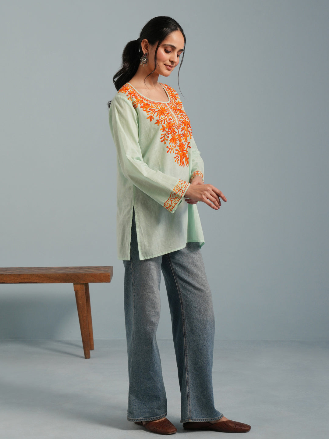 Light Green Kashmiri Aari Embroidered Rayon Kurta