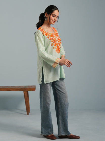 Light Green Kashmiri Aari Embroidered Rayon Kurta