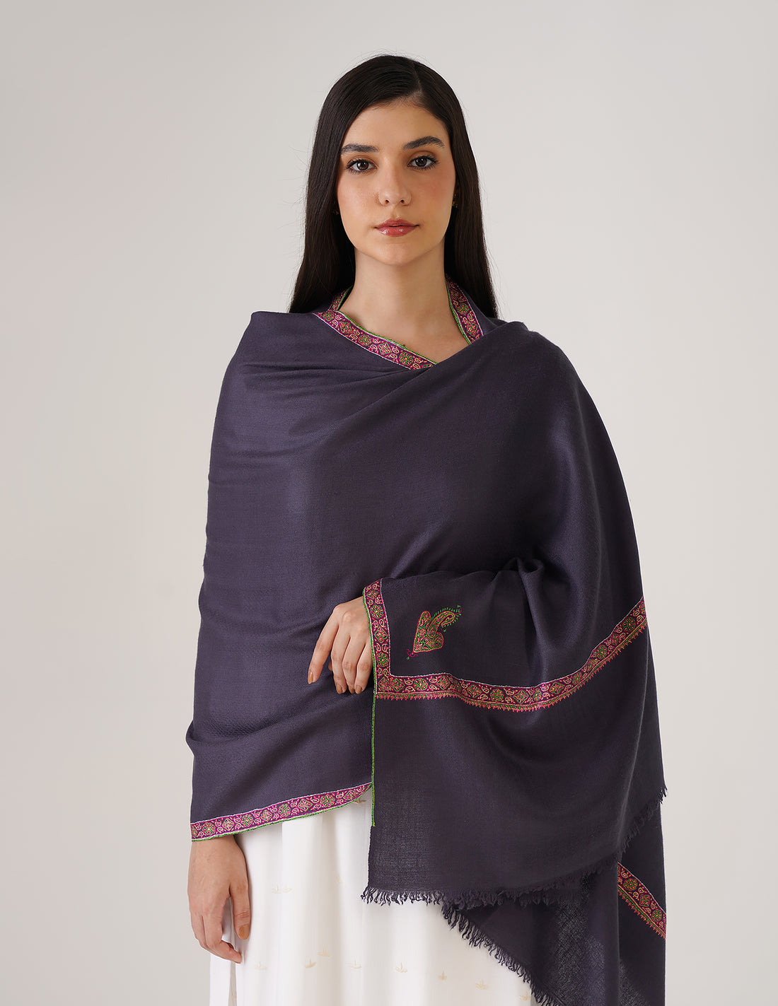 Kashmiri Handwoven Pashmina Sozni Stole Hashidaar – Dark Bluish Grey | GI Certified | Handwoven Heritage - Kashmir Box