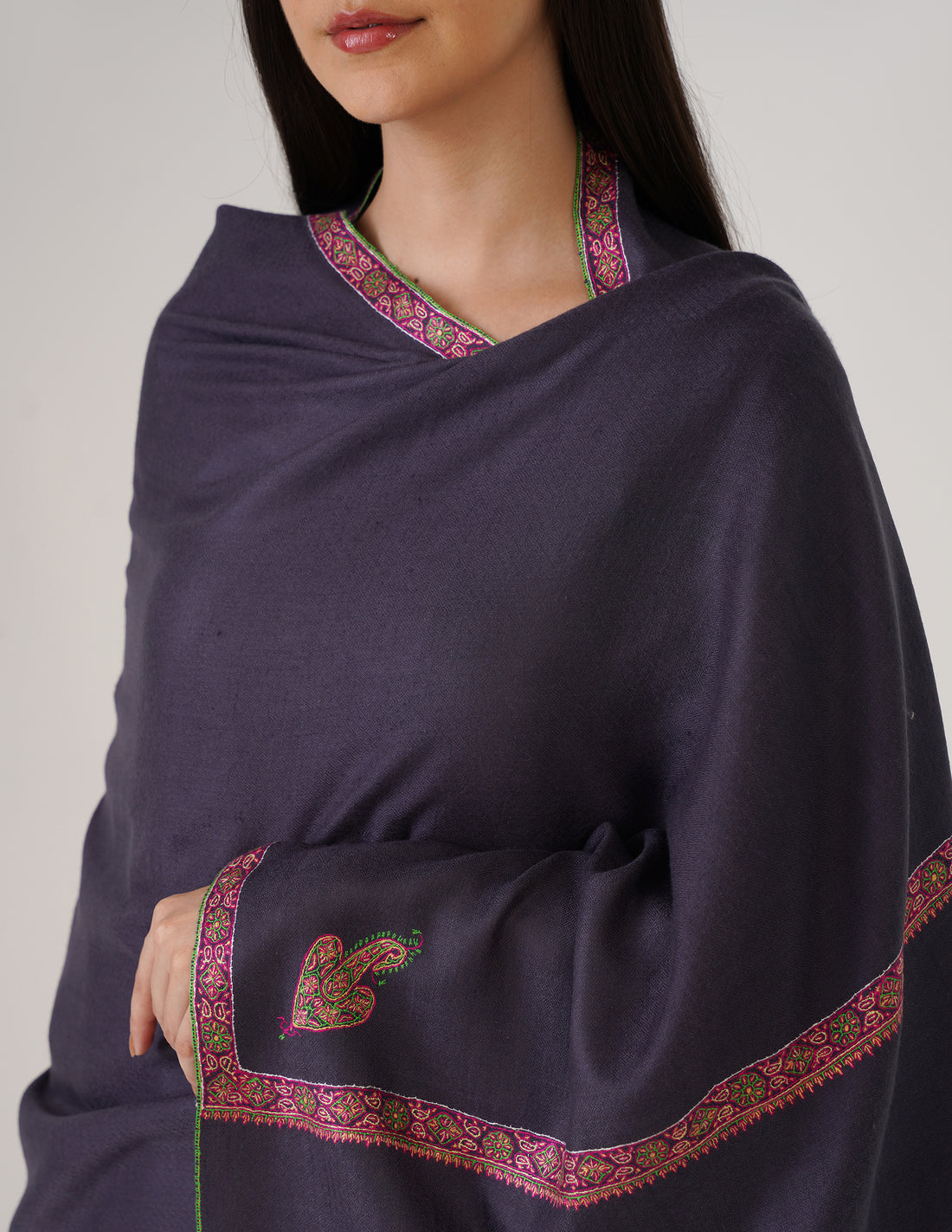 Kashmiri Handwoven Pashmina Sozni Stole Hashidaar – Dark Bluish Grey | GI Certified | Handwoven Heritage - Kashmir Box