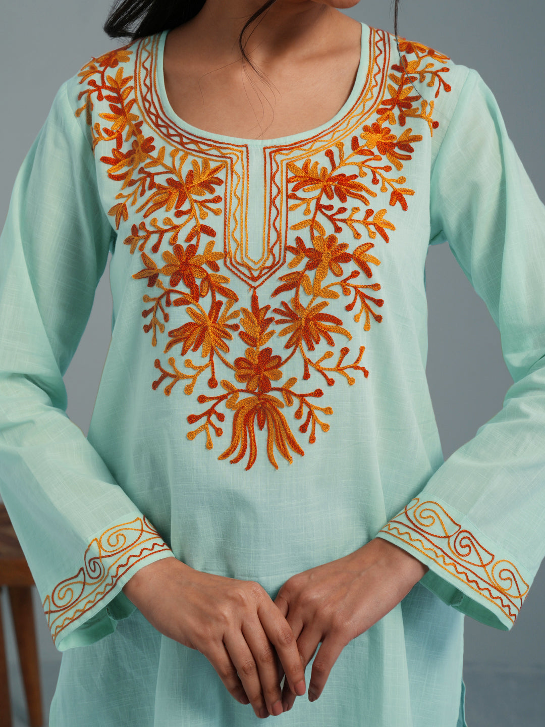 Light Green Kashmiri Aari Embroidered Rayon Kurta