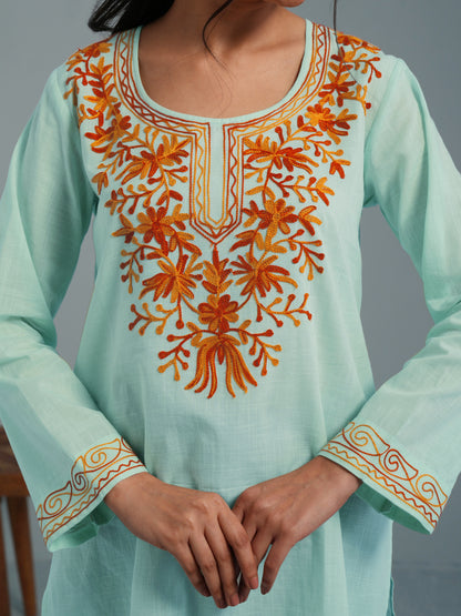 Light Green Kashmiri Aari Embroidered Rayon Kurta