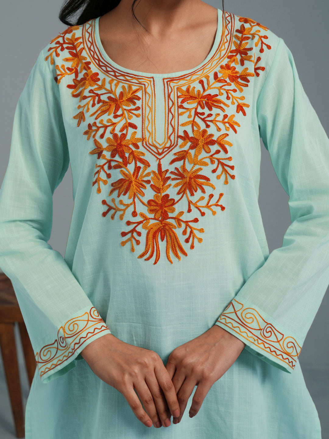 Light Green Kashmiri Aari Embroidered Rayon Kurta