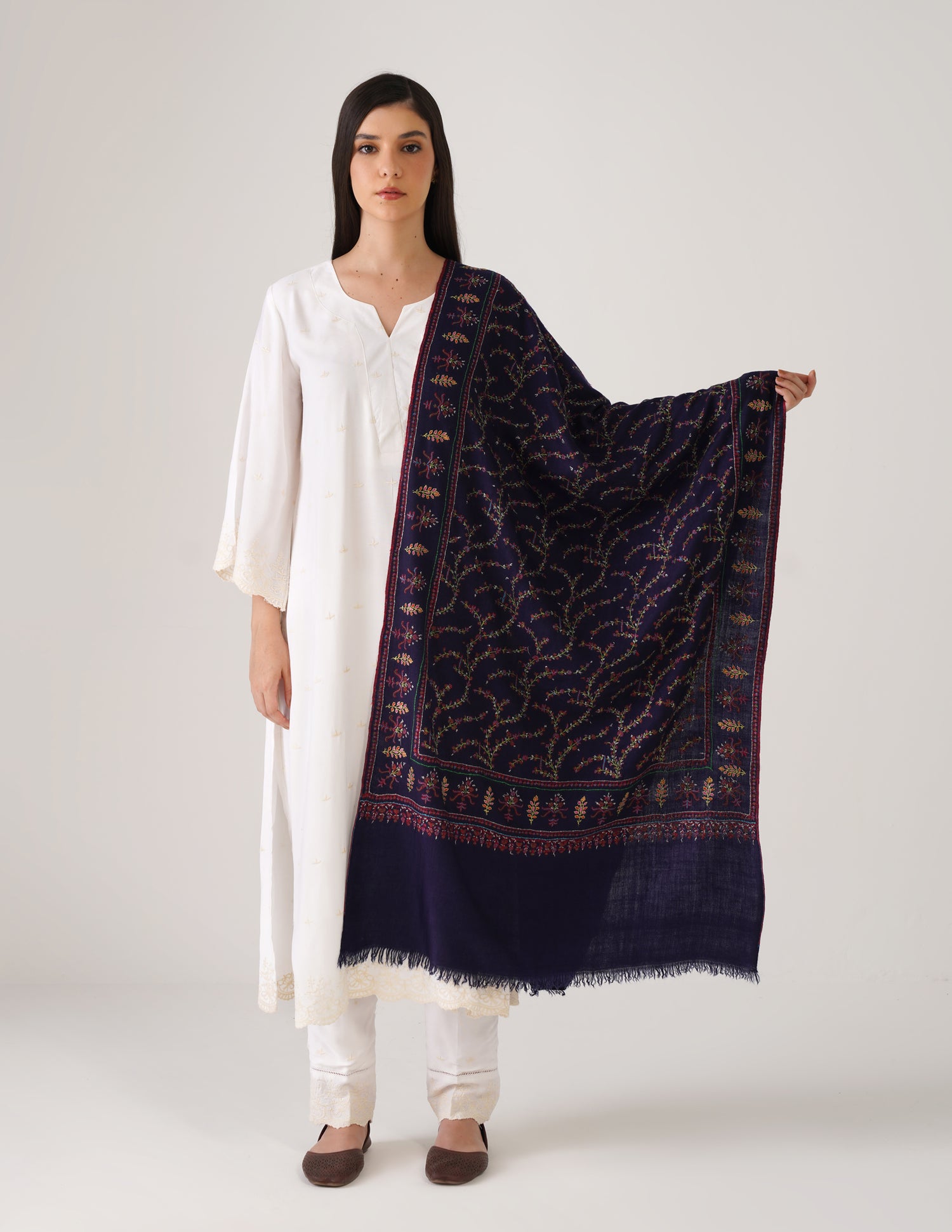 Kashmiri Handwoven Pashmina Sozni Stole Jaalidar Modern – Navy Blue | Handwoven Heritage - Kashmir Box