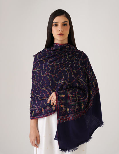 Kashmiri Handwoven Pashmina Sozni Stole Jaalidar Modern – Navy Blue | Handwoven Heritage - Kashmir Box