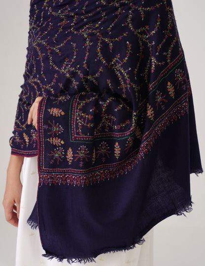Kashmiri Handwoven Pashmina Sozni Stole Jaalidar Modern – Navy Blue | Handwoven Heritage - Kashmir Box