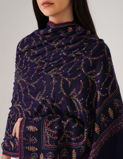 Kashmiri Handwoven Pashmina Sozni Stole Jaalidar Modern – Navy Blue | Handwoven Heritage - Kashmir Box