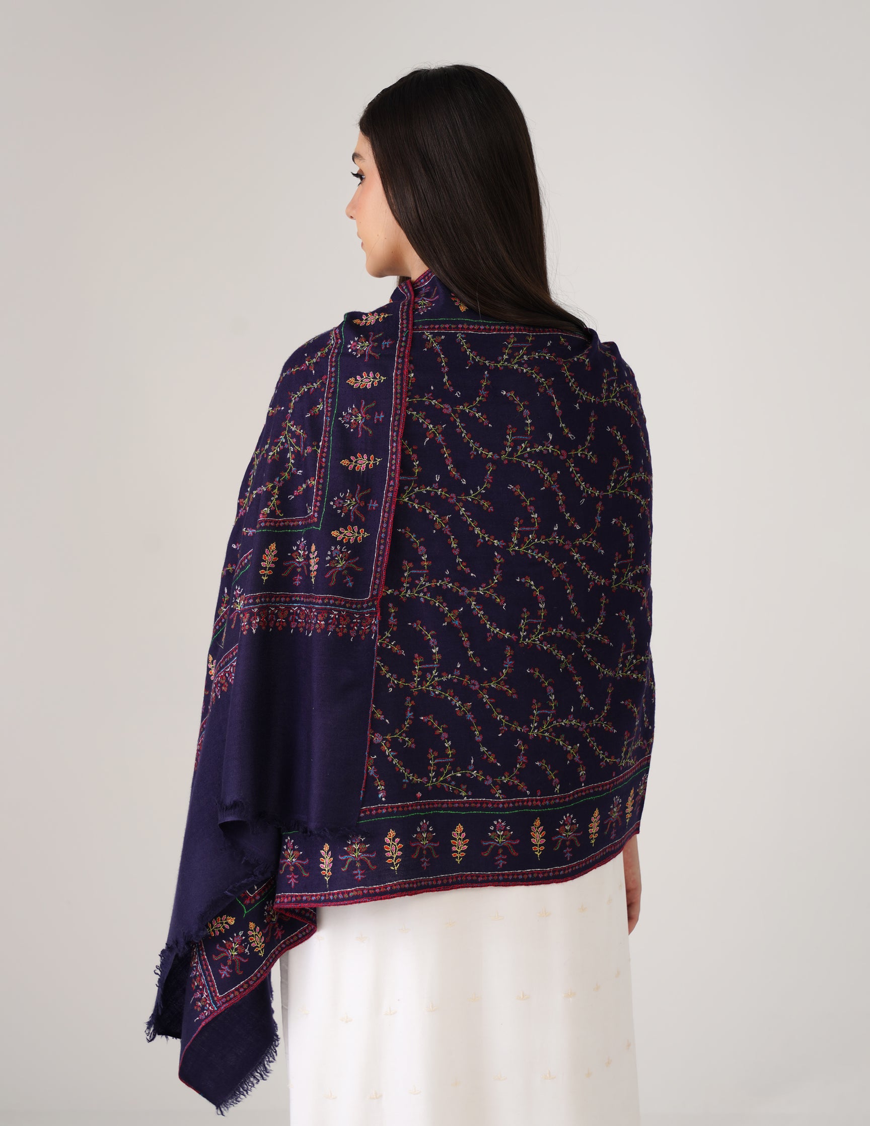 Kashmiri Handwoven Pashmina Sozni Stole Jaalidar Modern – Navy Blue | Handwoven Heritage - Kashmir Box