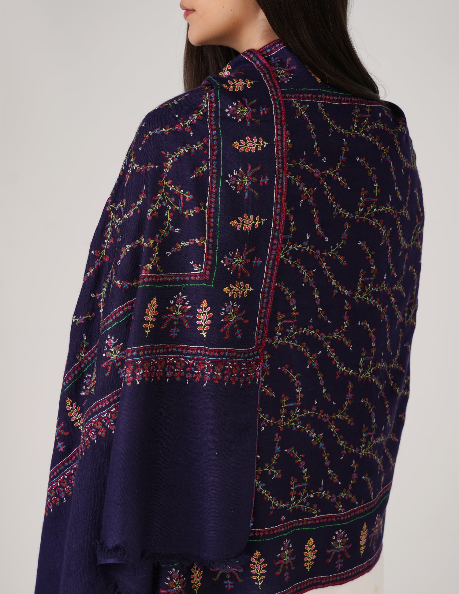 Kashmiri Handwoven Pashmina Sozni Stole Jaalidar Modern – Navy Blue | Handwoven Heritage - Kashmir Box