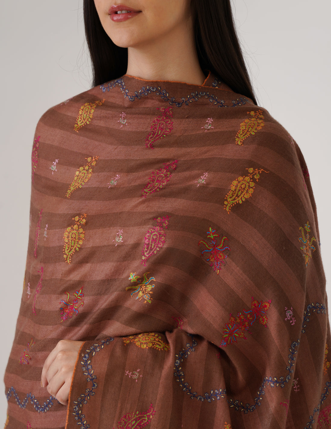 Kashmiri Handwoven Pashmina Sozni Stole Modern Stripes – Rustic Clove Brown | Handwoven Heritage - Kashmir Box