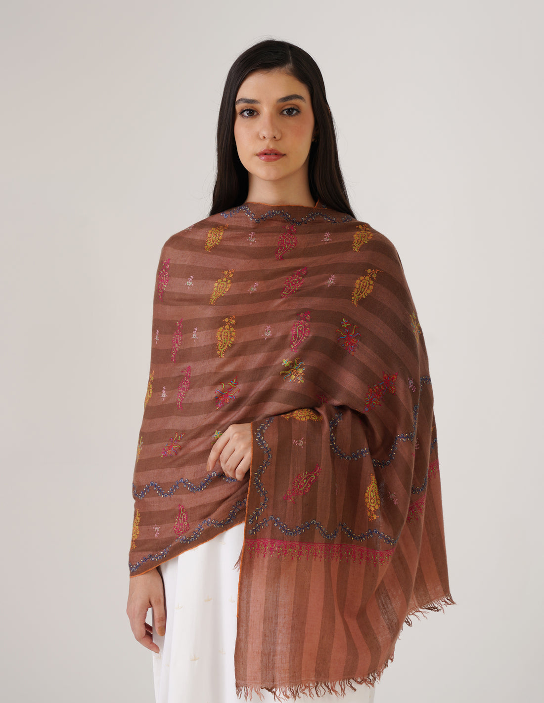 Kashmiri Handwoven Pashmina Sozni Stole Modern Stripes – Rustic Clove Brown | Handwoven Heritage - Kashmir Box