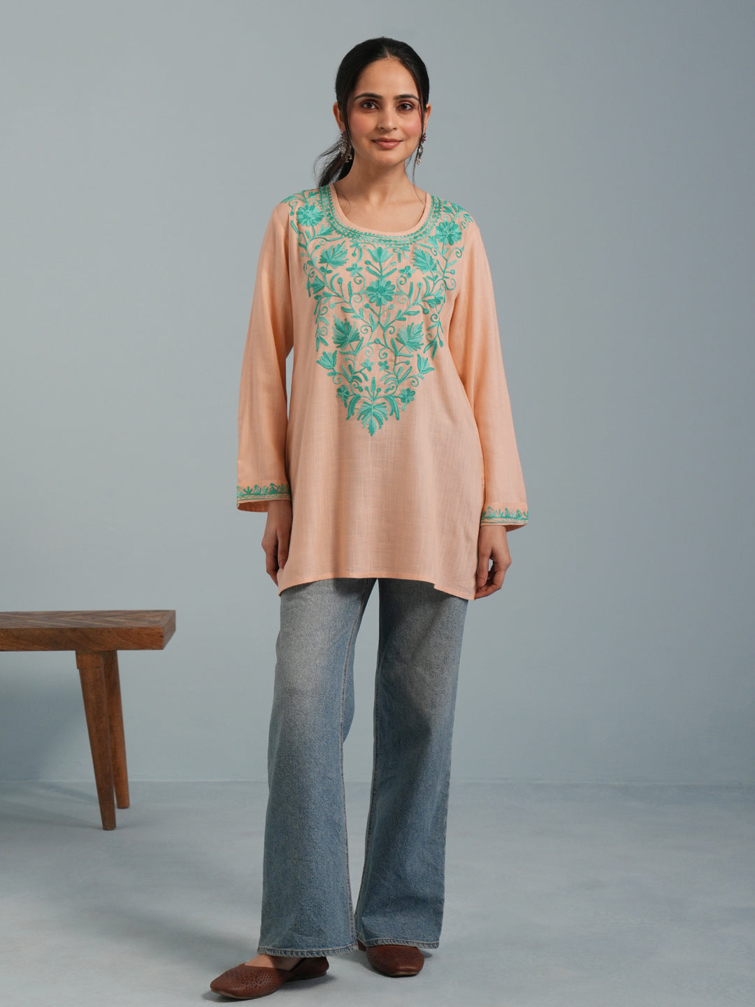 Almond  Kashmiri Aari Embroidered Rayon Kurta