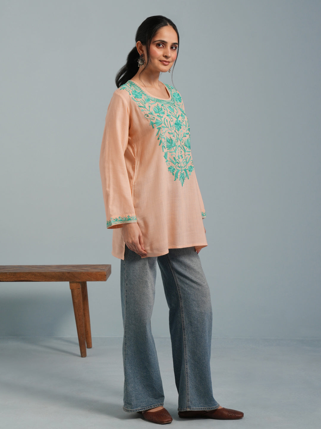 Almond  Kashmiri Aari Embroidered Rayon Kurta