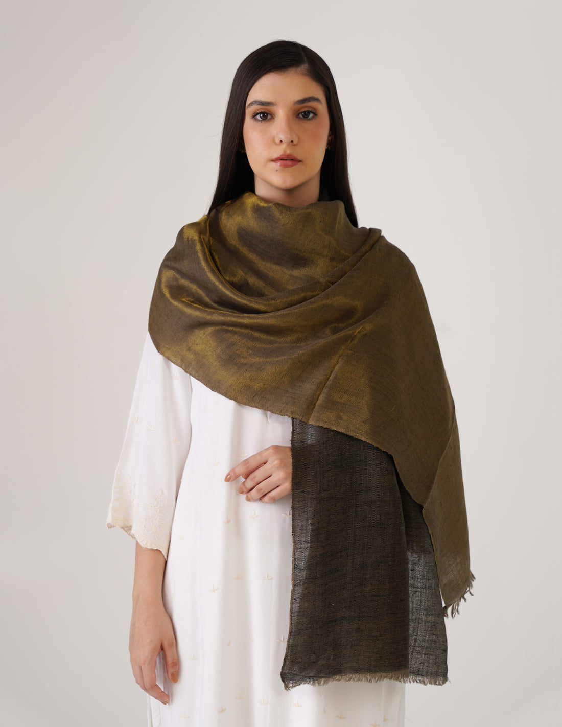 Kashmiri Handwoven Pashmina Reversible Stole – Black &amp; Metallic Golden | Handwoven Heritage - Kashmir Box