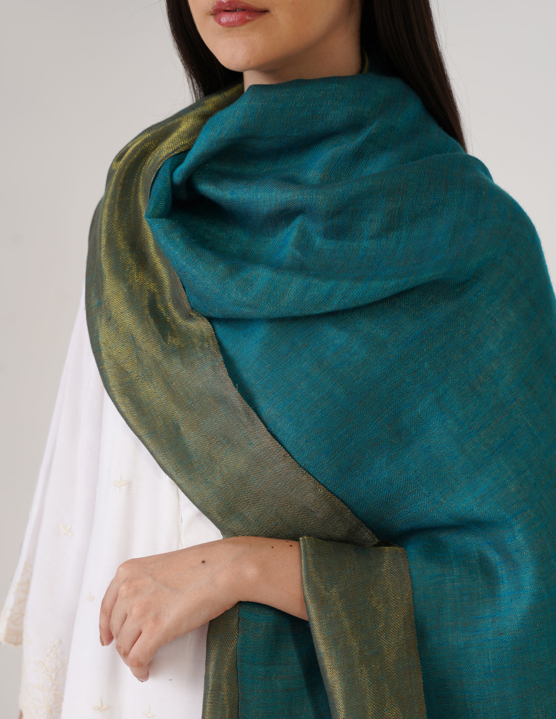 Kashmiri Handwoven Pashmina Reversible Stole – Turkish Blue &amp; Metallic Golden | Handwoven Heritage - Kashmir Box