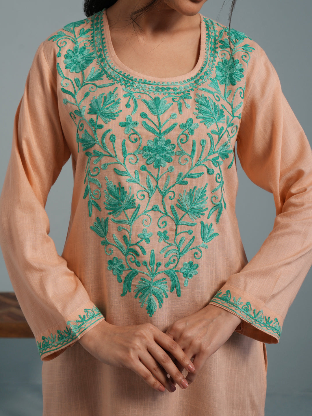 Almond  Kashmiri Aari Embroidered Rayon Kurta