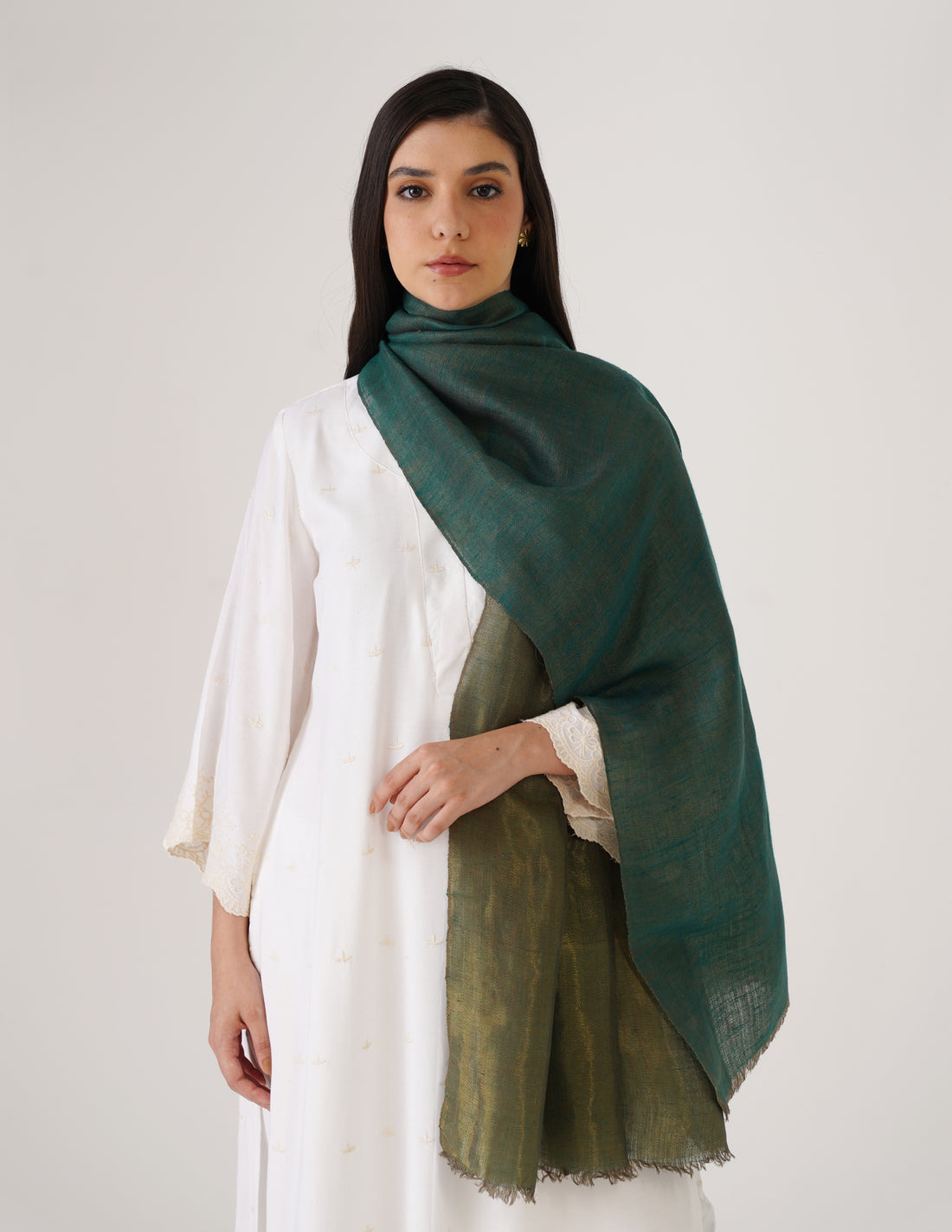 Kashmiri Handwoven Pashmina Reversible Stole – Green &amp; Metallic Golden | Handwoven Heritage - Kashmir Box