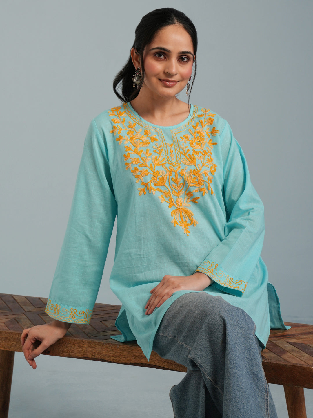 Sky Blue Kashmiri Aari Embroidered  Rayon Kurta