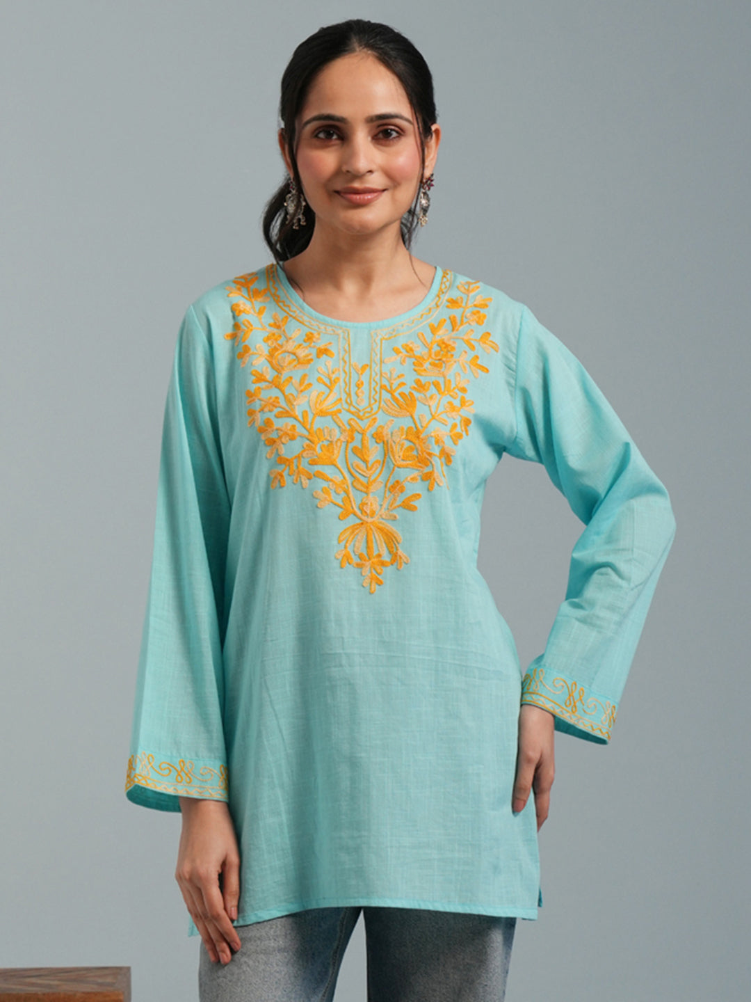 Sky Blue Kashmiri Aari Embroidered  Rayon Kurta