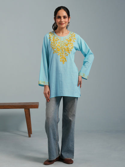Sky Blue Kashmiri Aari Embroidered  Rayon Kurta