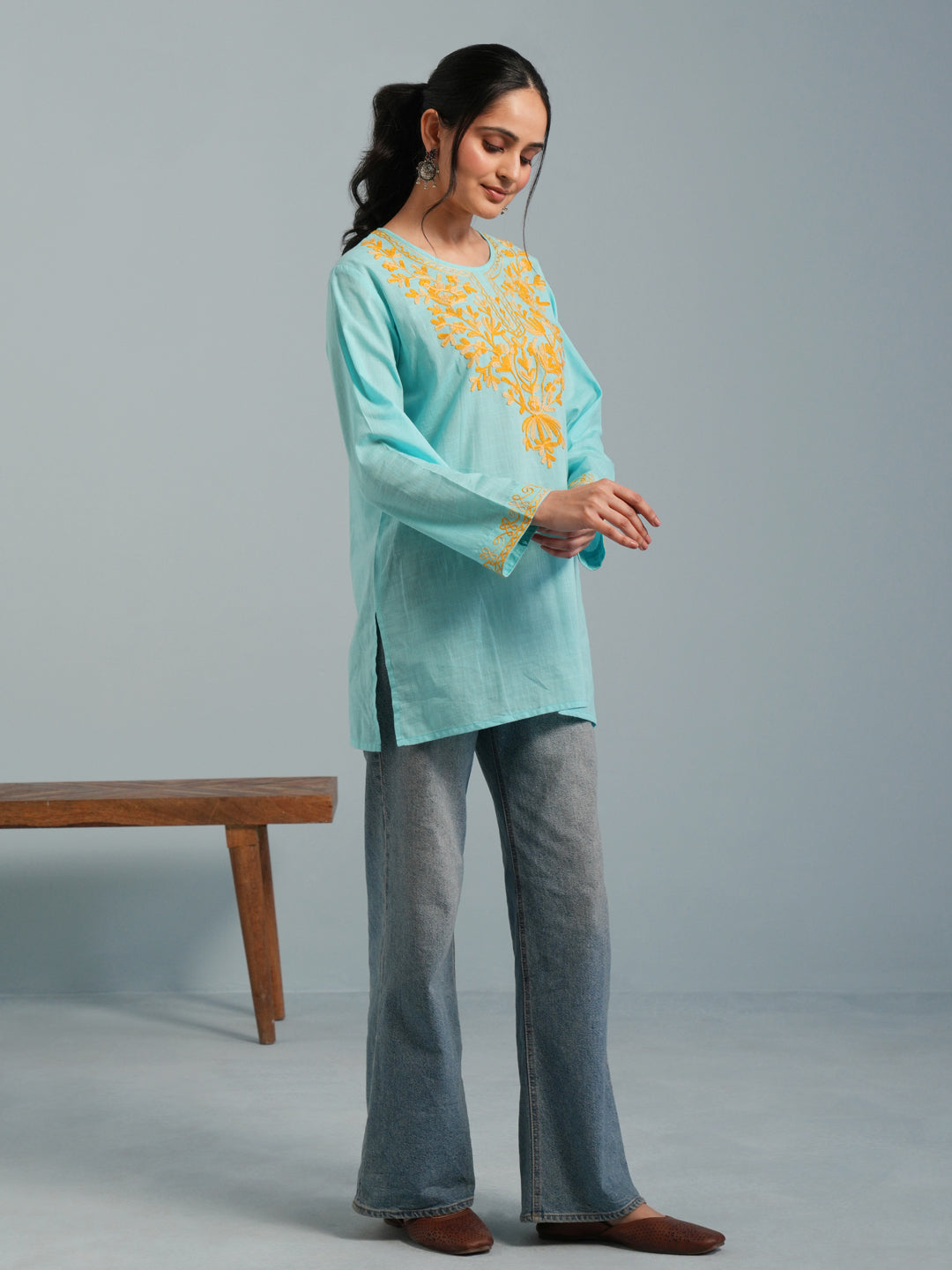 Sky Blue Kashmiri Aari Embroidered  Rayon Kurta