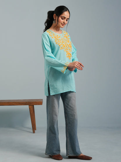 Sky Blue Kashmiri Aari Embroidered  Rayon Kurta