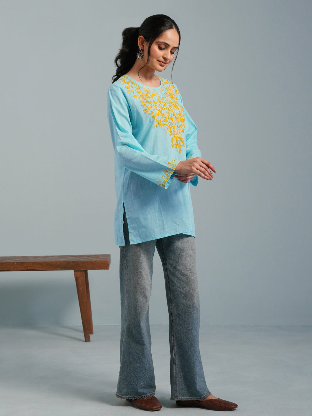Sky Blue Kashmiri Aari Embroidered  Rayon Kurta