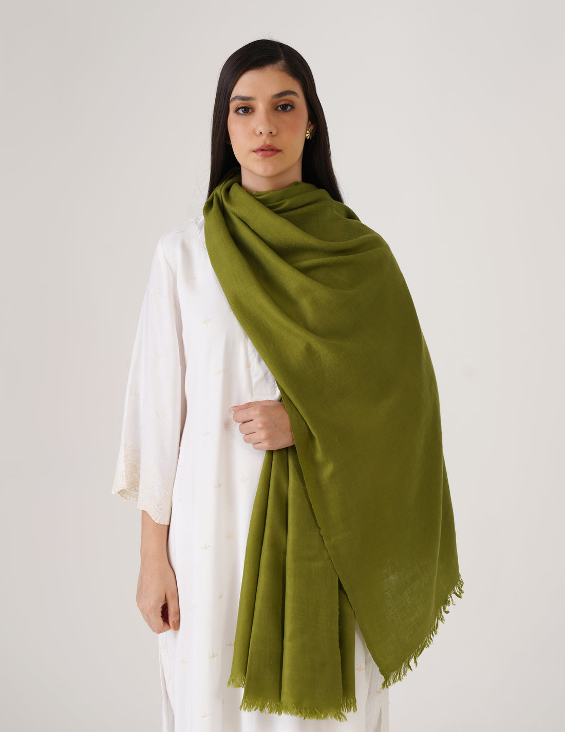 Kashmiri Handwoven Pashmina Reversible Stole – Olive Green &amp; White Asparagus | Handwoven Heritage - Kashmir Box