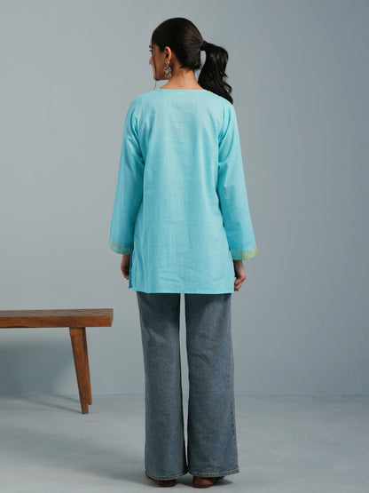 Sky Blue Kashmiri Aari Embroidered  Rayon Kurta