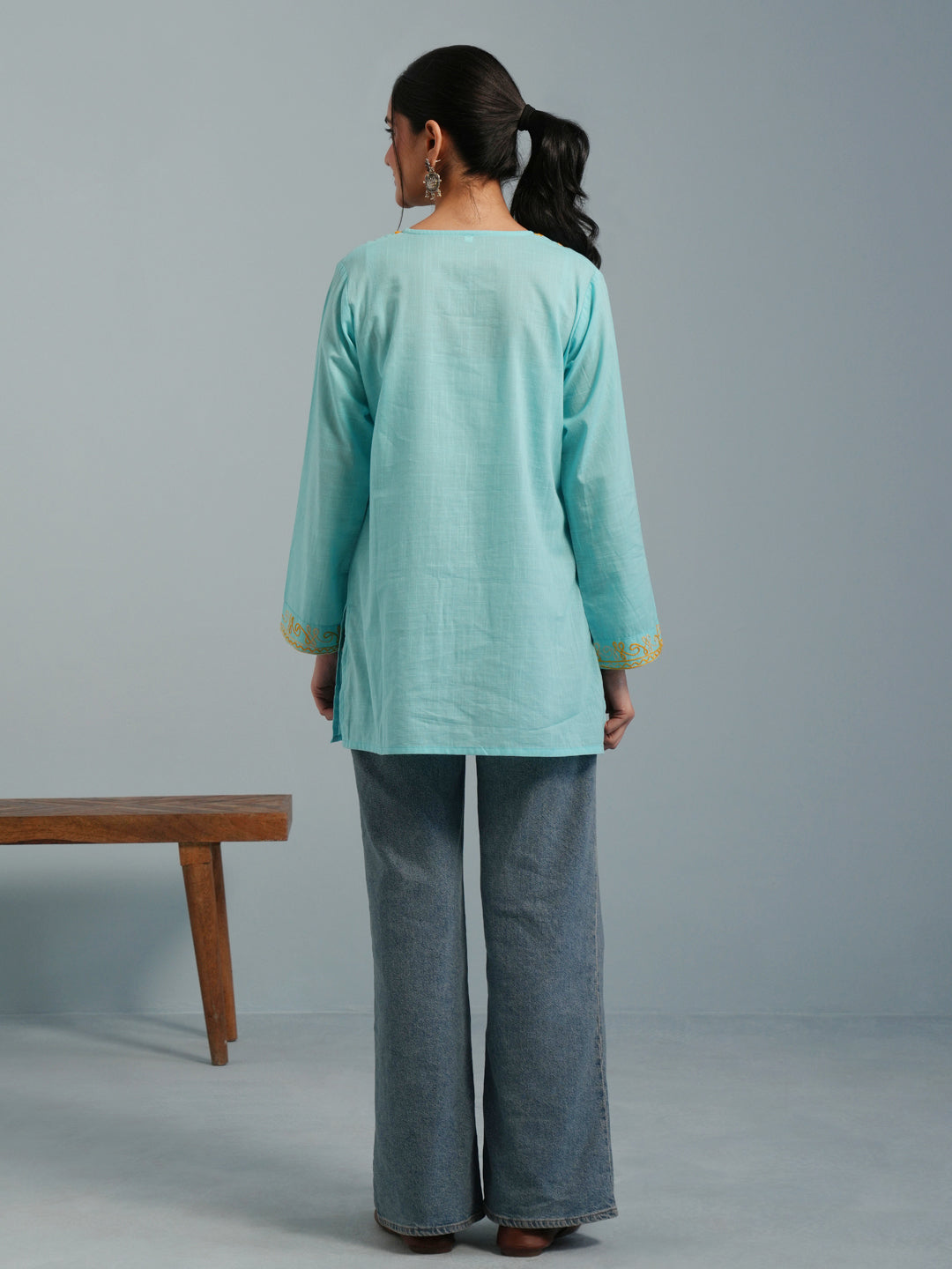 Sky Blue Kashmiri Aari Embroidered  Rayon Kurta