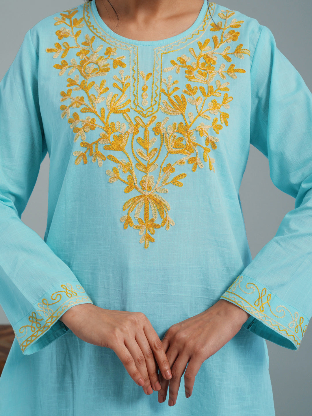 Sky Blue Kashmiri Aari Embroidered  Rayon Kurta