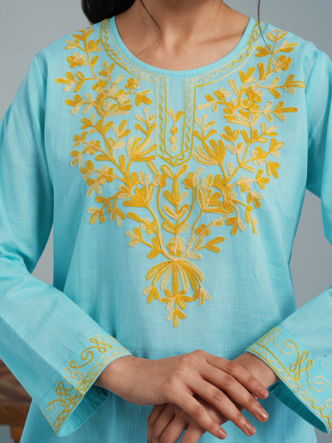 Sky Blue Kashmiri Aari Embroidered  Rayon Kurta
