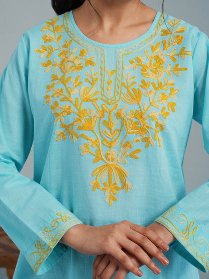 Sky Blue Kashmiri Aari Embroidered  Rayon Kurta