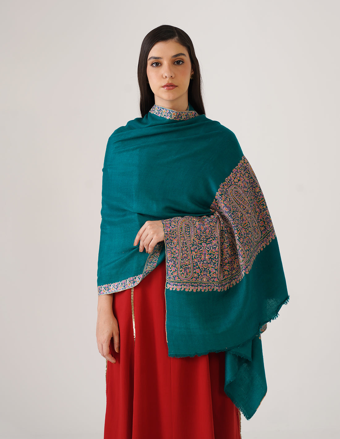 Kashmiri Handwoven Pashmina Sozni Palladar Stole – Deep Teal Blue | Luxury Heritage - Kashmir Box