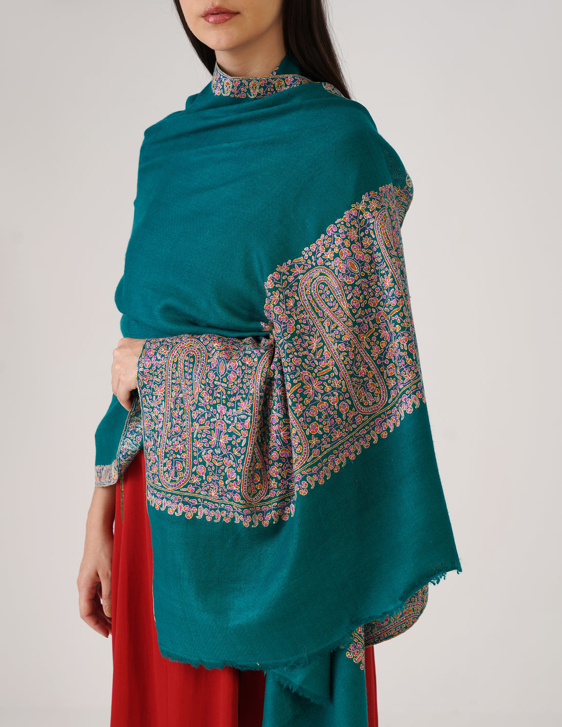Kashmiri Handwoven Pashmina Sozni Palladar Stole – Deep Teal Blue | Luxury Heritage - Kashmir Box