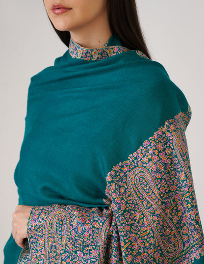 Kashmiri Handwoven Pashmina Sozni Palladar Stole – Deep Teal Blue | Luxury Heritage - Kashmir Box
