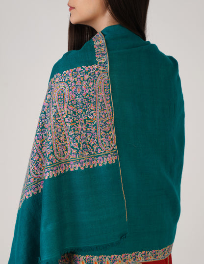 Kashmiri Handwoven Pashmina Sozni Palladar Stole – Deep Teal Blue | Luxury Heritage - Kashmir Box