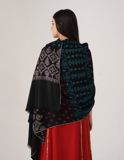 Kashmiri Handwoven Pashmina Sozni Stole Modern Design – Black | Handwoven Heritage - Kashmir Box