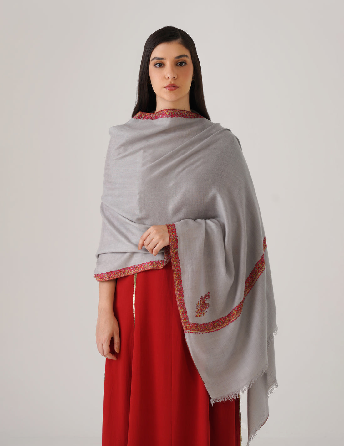 Kashmiri Handwoven Pashmina Sozni Stole Hashidaar – Silver Grey | Handwoven Heritage - Kashmir Box