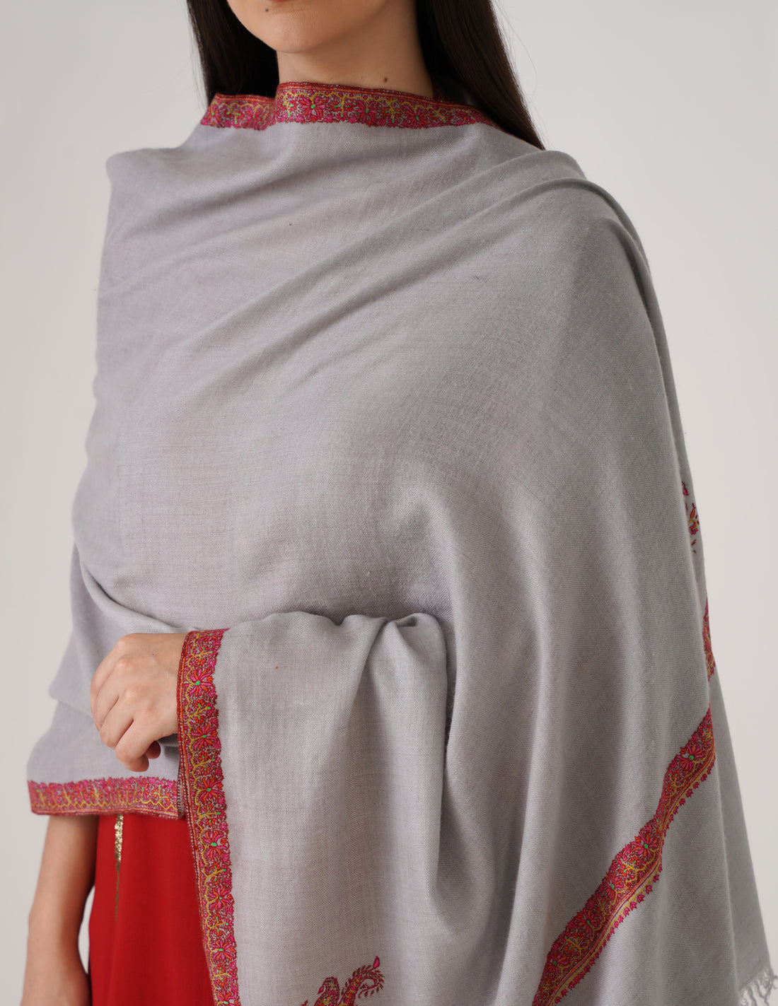 Kashmiri Handwoven Pashmina Sozni Stole Hashidaar – Silver Grey | Handwoven Heritage - Kashmir Box