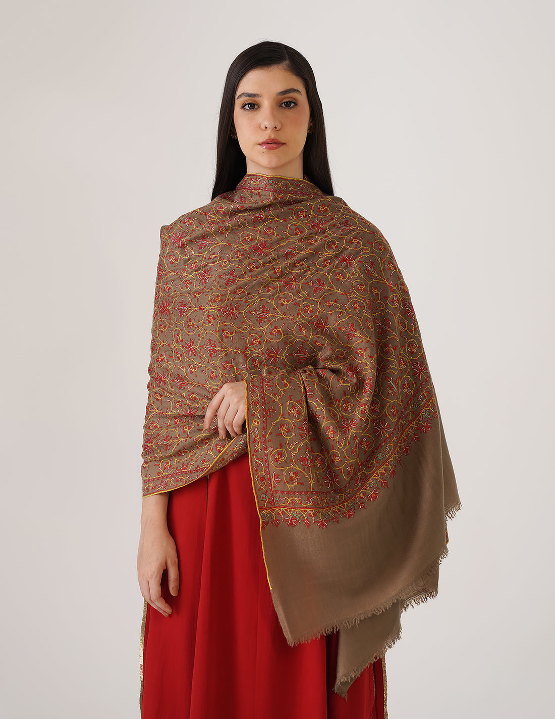 Kashmiri Handwoven Pashmina Sozni Stole Jaalidar – Royal Taupe | Handwoven Heritage | GI Certified - Kashmir Box