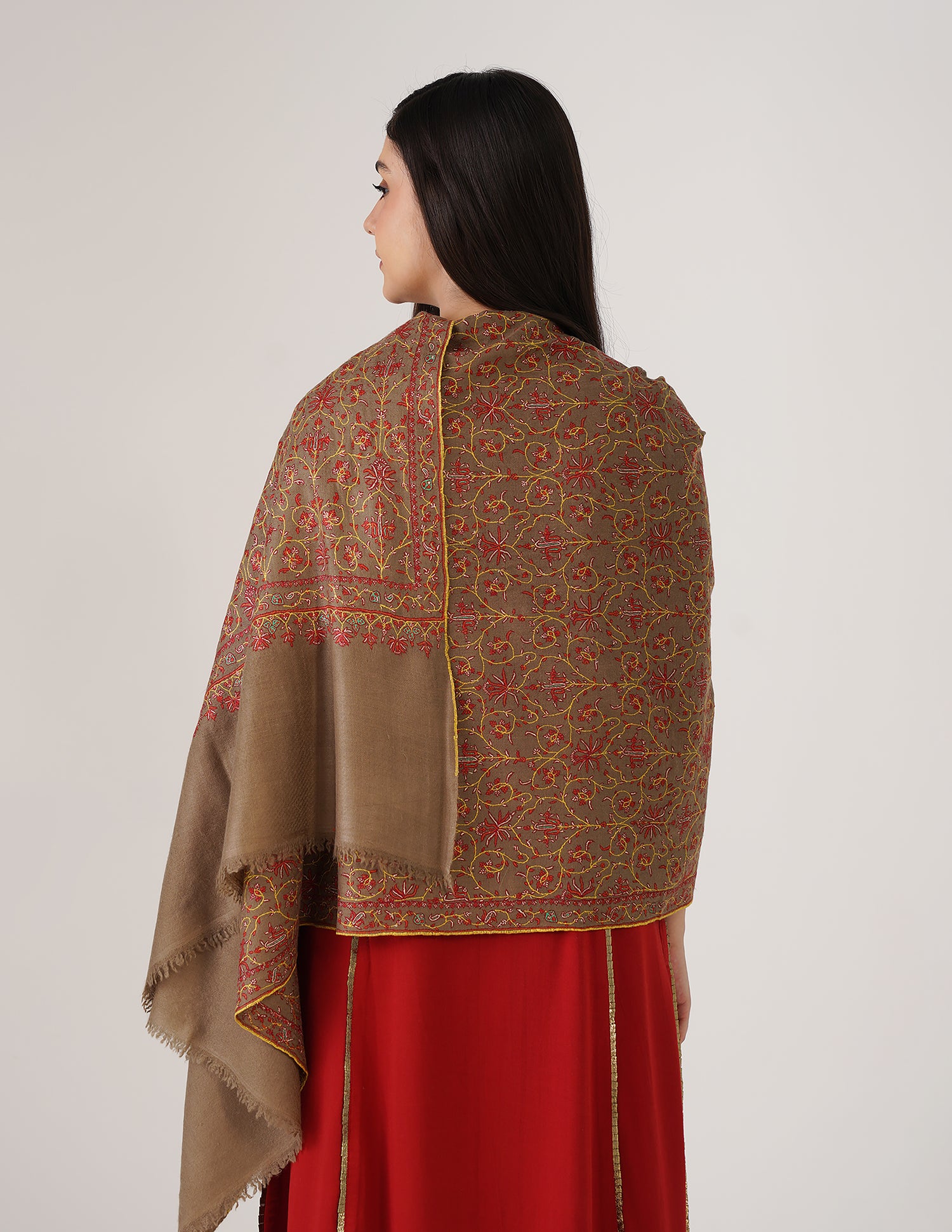 Kashmiri Handwoven Pashmina Sozni Stole Jaalidar – Royal Taupe | Handwoven Heritage | GI Certified - Kashmir Box