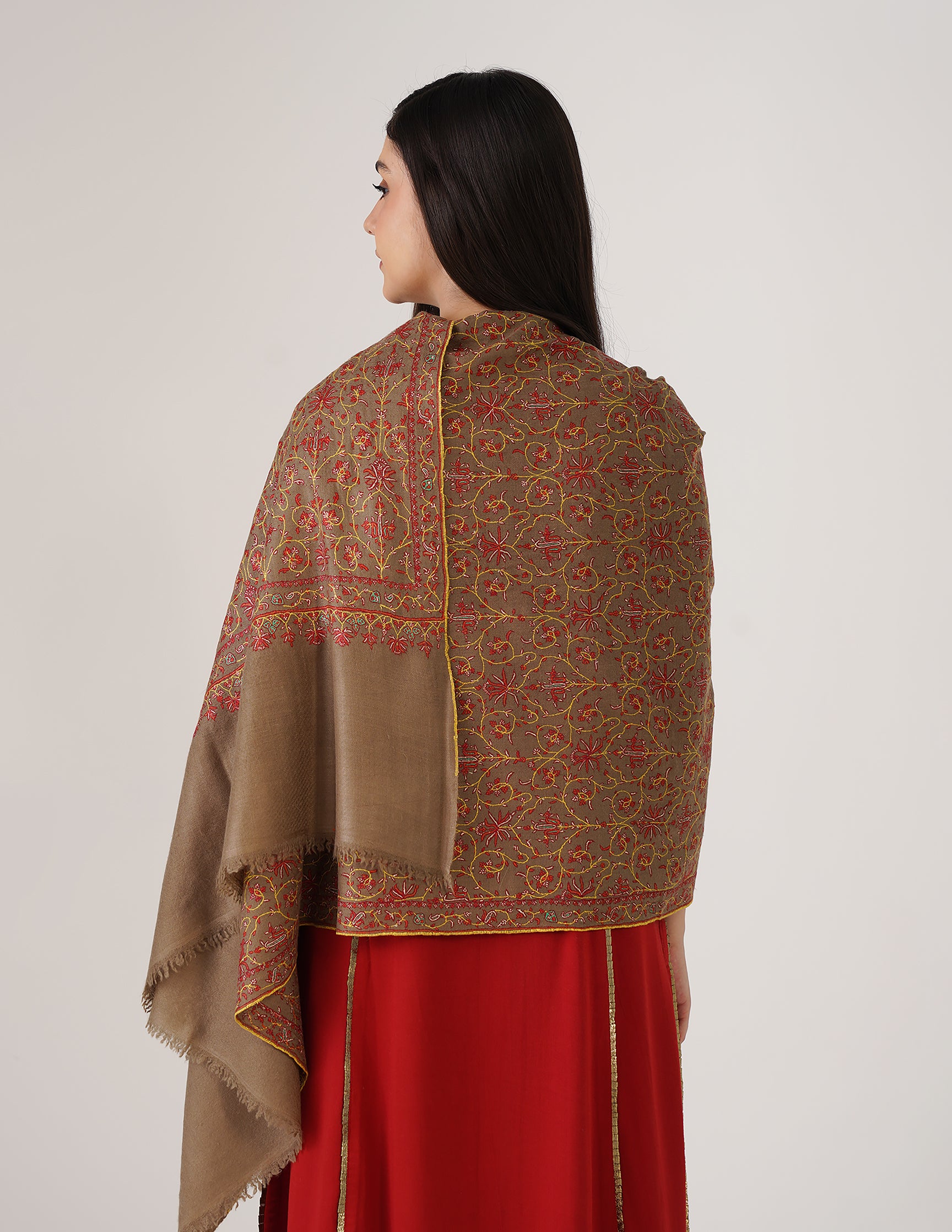 Kashmiri Handwoven Pashmina Sozni Stole Jaalidar – Royal Taupe | Handwoven Heritage | GI Certified - Kashmir Box