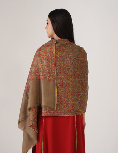 Kashmiri Handwoven Pashmina Sozni Stole Jaalidar – Royal Taupe | Handwoven Heritage | GI Certified - Kashmir Box