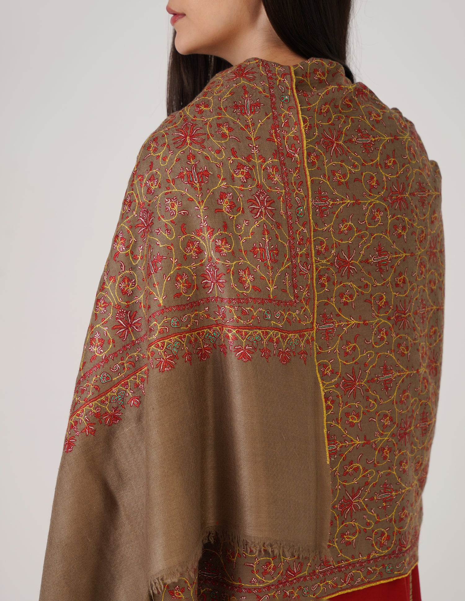 Kashmiri Handwoven Pashmina Sozni Stole Jaalidar – Royal Taupe | Handwoven Heritage | GI Certified - Kashmir Box