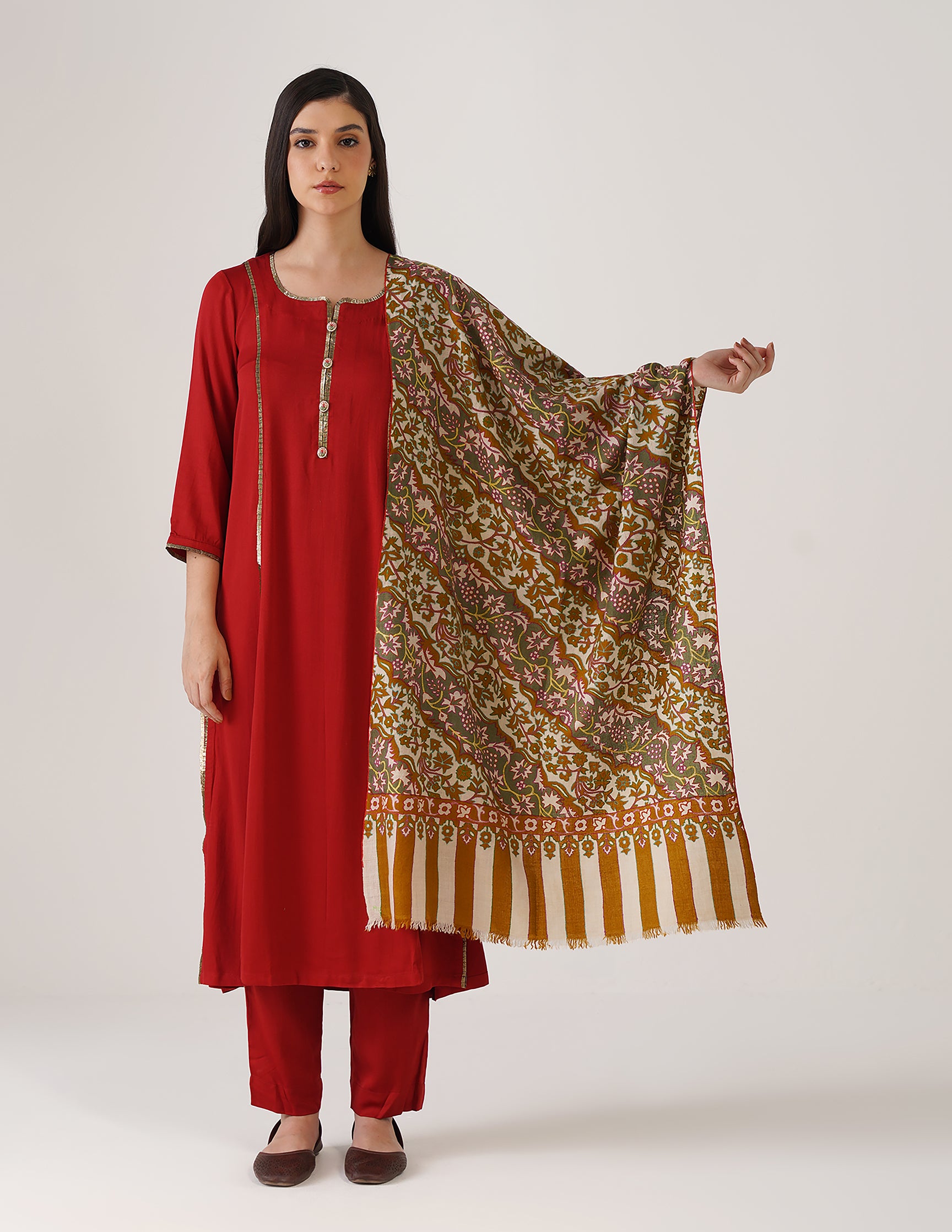 Kashmiri Handwoven Pashmina Sozni Stole Outline Embroidery – Mustard Gold | Handwoven Heritage | GI Certified - Kashmir Box
